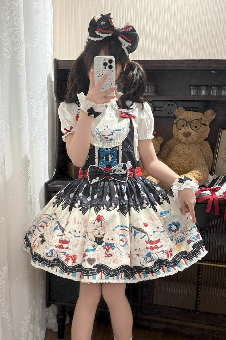 Black [Mystery Rabbit Tea Party] Sleeveless Print Bowknot Lace Sweet Lolita Strap Dress - Product - 3