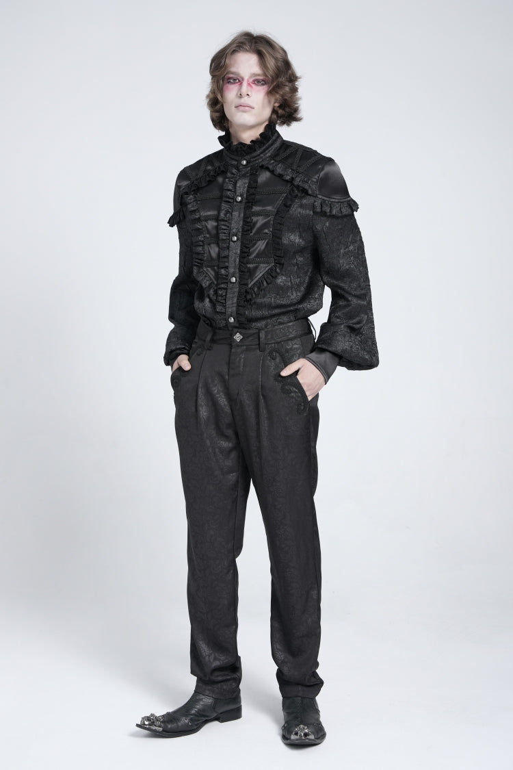 Black Floral Print Embroidery Men's Gothic Suit Pants - Product - 12
