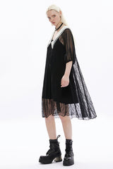 Black Long Puff Sleeves Cross Embroidery Loose Women's Gothic Dress - Product - 4