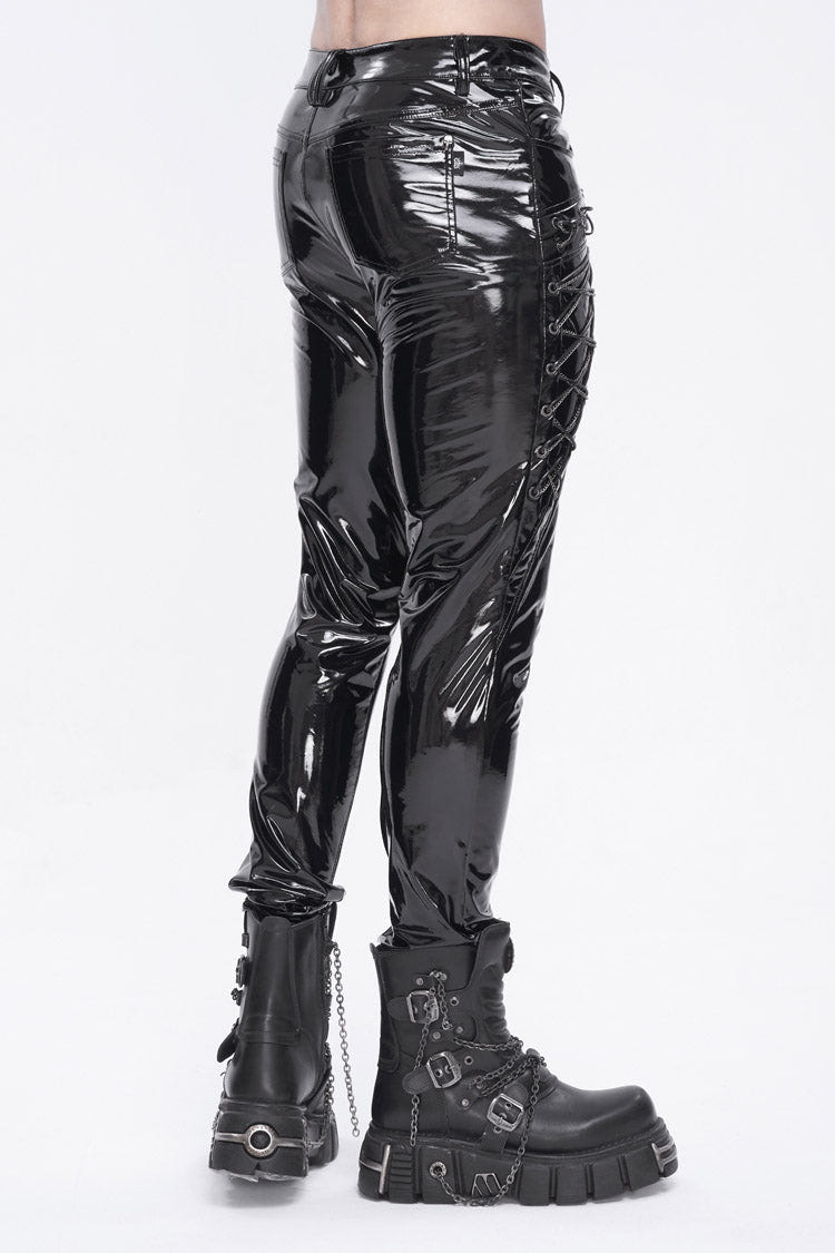 Black Lace Up Patent Leather Men's Punk Pants - Product - 5