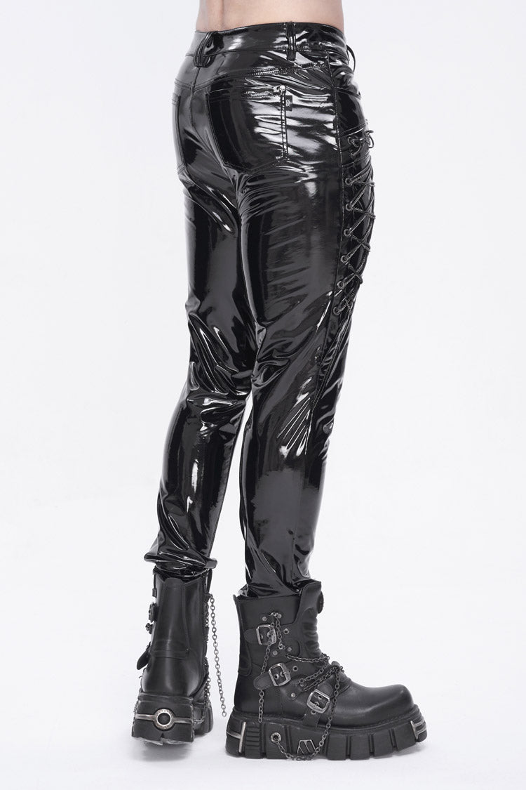 Black Lace Up Patent Leather Men's Punk Pants - Product - 5