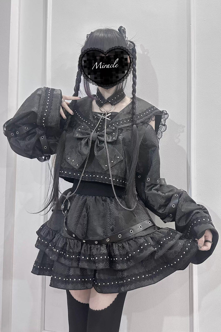 Black [Serpent Devour] Navy Collar Long Sleeves Snake Printed Ruffled Bow Studded Gothic Jirai Kei Skirt Set - Product - 8