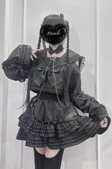 Black [Serpent Devour] Navy Collar Long Sleeves Snake Printed Ruffled Bow Studded Gothic Jirai Kei Skirt Set - Product - 8