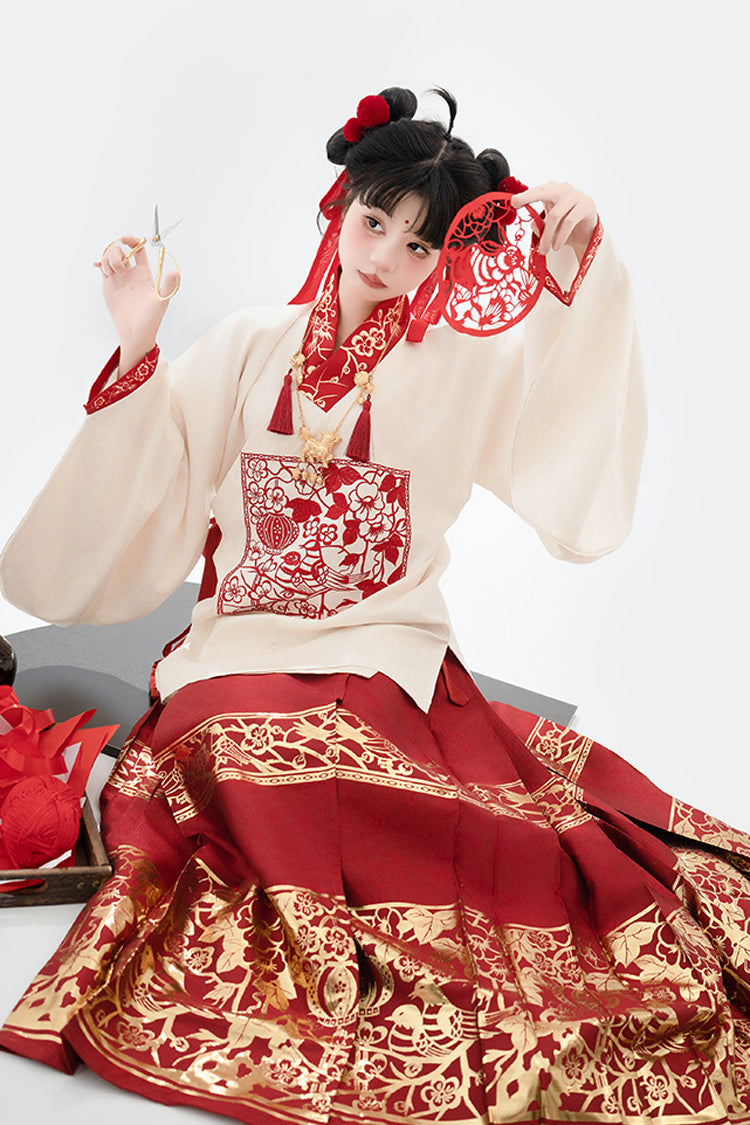 Red/Apricot V Collar Lantern Sleeves High Waisted Print Hot Stamping Women's Sweet Classic Hanfu Two Piece - Product - 4