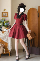 Red [Forest Boulotty] Lapel Collar Short Sleeves Heart-Shaped Polka Dot Printed Bow Sweet Lolita Dress - Product - 8