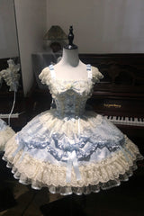 Blue [Dreaming Butterfly] Multi-Layered Jacquard Ruffle Bowknot Lace Sweet Princess Lolita Jsk Dress - Product - 10
