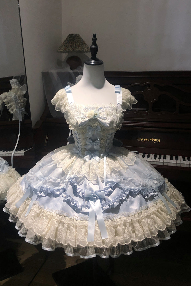 Blue [Dreaming Butterfly] Multi-Layered Jacquard Ruffle Bowknot Lace Sweet Princess Lolita Jsk Dress - Product - 10