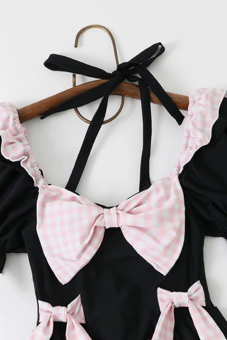 Black/Pink Square Collar Short Sleeves Ruffled Bow Sweet Lolita One-Piece Swimsuit - Product - 4
