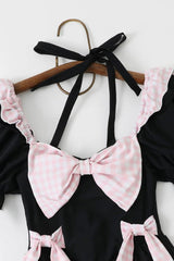 Black/Pink Square Collar Short Sleeves Ruffled Bow Sweet Lolita One-Piece Swimsuit - Product - 4