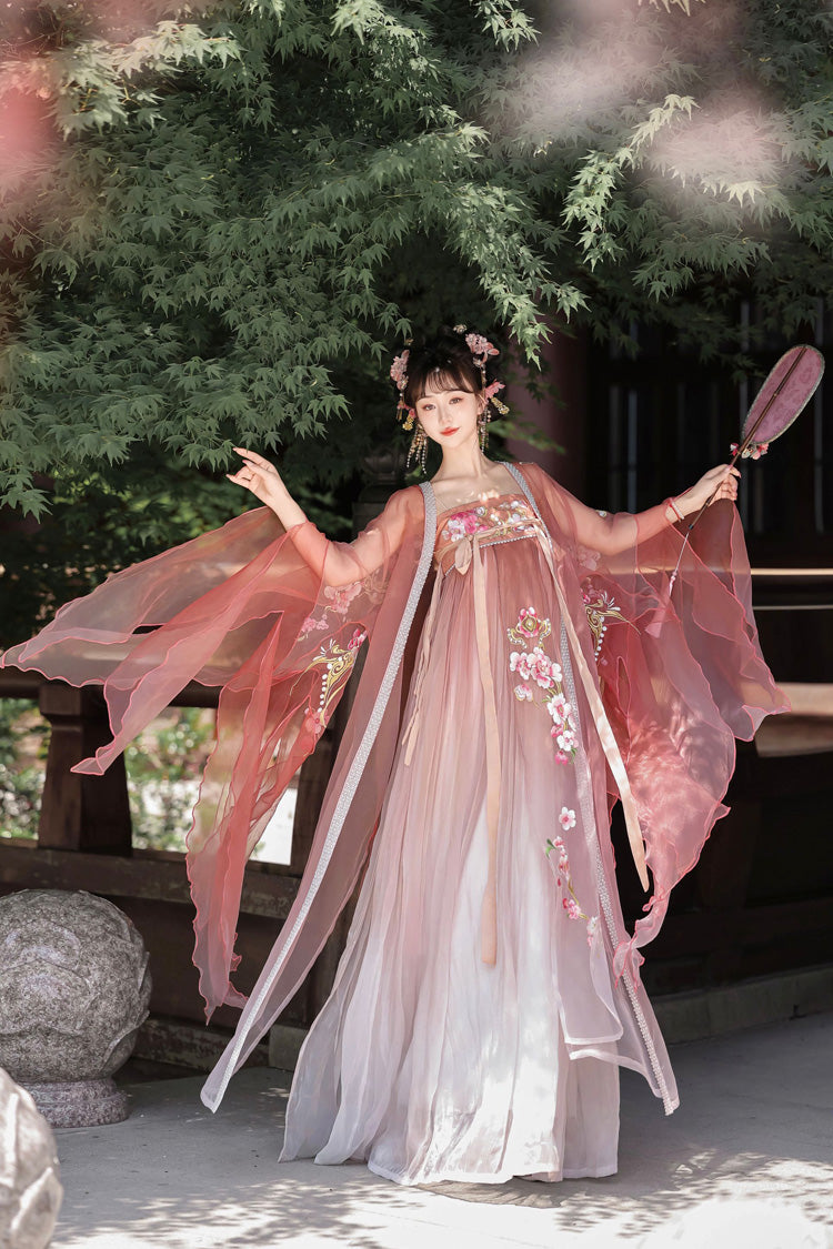 Pink Long Sleeves Embroidery Sweet Tang-style Hezi Hanfu Dress Full Set - Product - 4