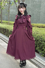 Rose Red Stand Collar Off Shoulder Long Sleeves Hollow Bowknot Slim Jirai Kei Japanese Dress - Rose Red - 1