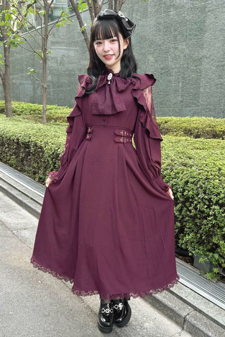 Rose Red Stand Collar Off Shoulder Long Sleeves Hollow Bowknot Slim Jirai Kei Japanese Dress - Rose Red - 1