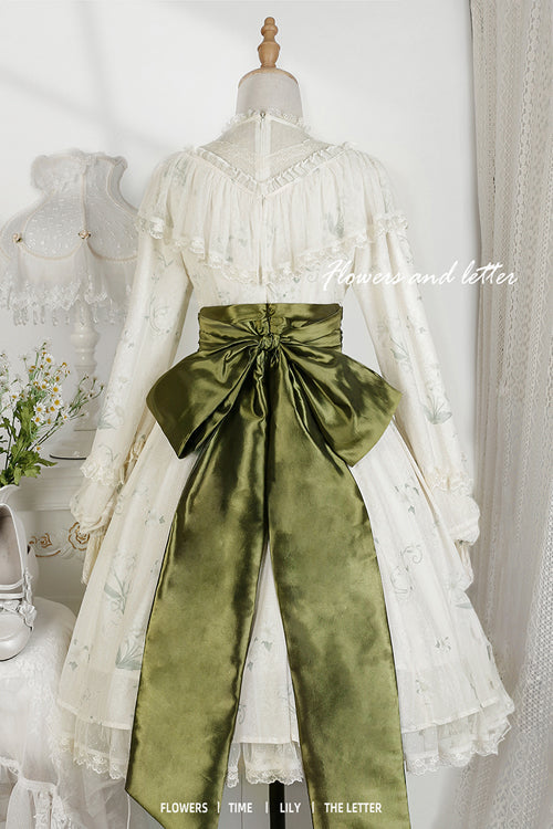 Beige Lace Round Collar Ruffled Lantern Sleeves Fresh Floral Print Sweet (Dress Only) detail view 8