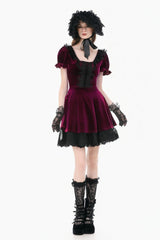 Wine Red Square Collar Short Puff Sleeves Velvet Patchwork Lace Lace-Up Women's Gothic Dress - Product - 6