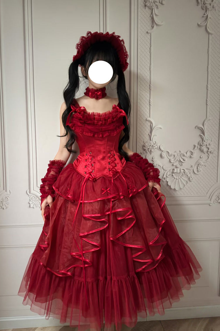 Red [The Summer Waves Sparkle] Square Collar Sleeveless Multi-Layered Ruffled Bow Lace-Up Slim Classic Lolita Skirt Set - Product - 11
