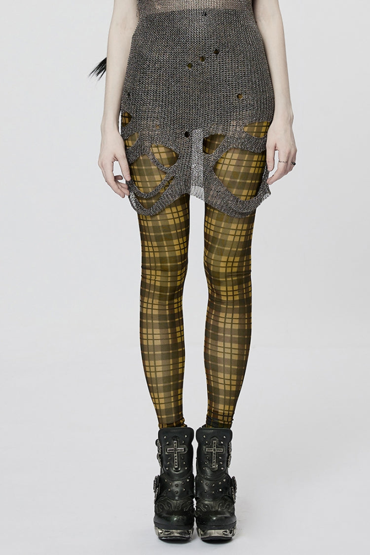 Plaid Print Slim Sheer Women's Steampunk Leggings 2 Colors - Black/Yellow - 1