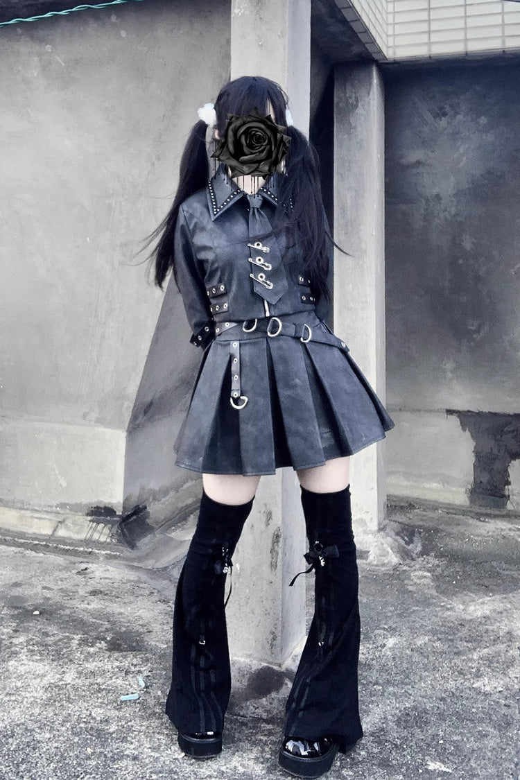 Black [Eternal Night of Bones] Lapel Collar Long Sleeves Studded Eyelet Gothic Jirai Kei Japanese Handsome Top and Skirt Set - Product - 5