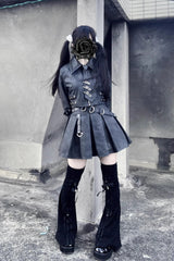 Black [Eternal Night of Bones] Lapel Collar Long Sleeves Studded Eyelet Gothic Jirai Kei Japanese Handsome Top and Skirt Set - Product - 5