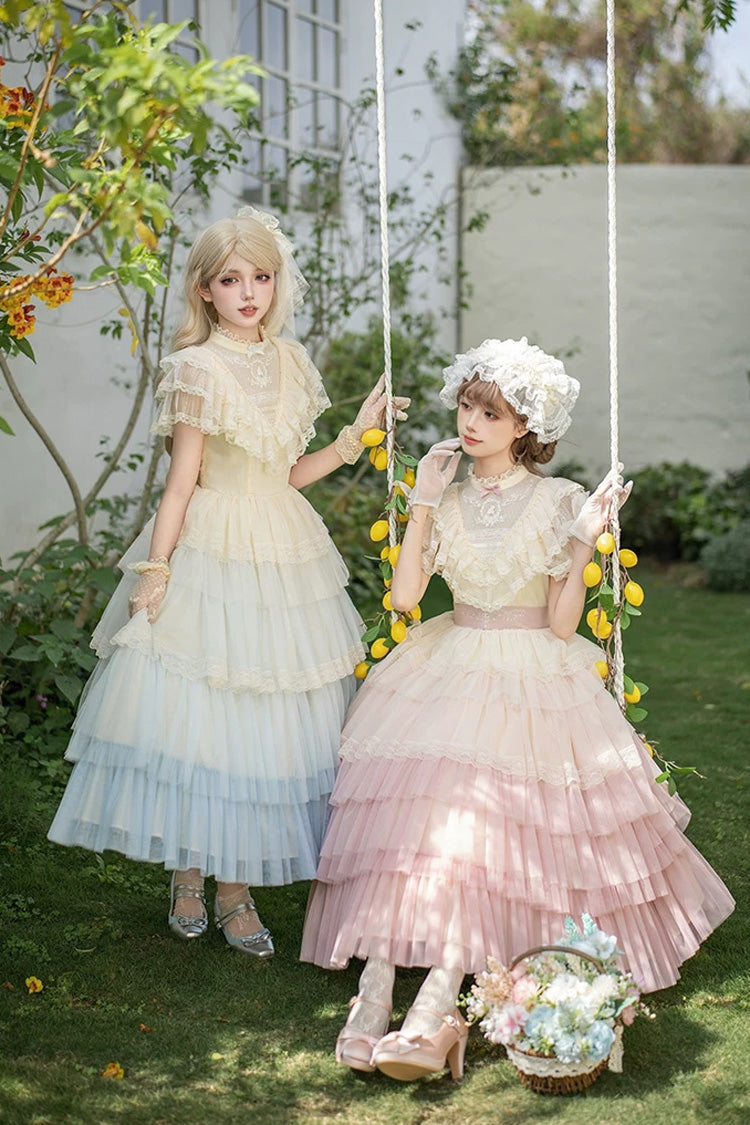 Pink [Sincere Vow] Edwardian Collar Short Sleeves Ombre Multi-Layered Ruffled Embroidered Sweet Lolita Dress - Product - 12