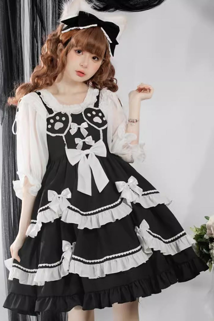 Black/White Bear Paw Print Ruffle Bowknot Sweet Princess Lolita Jsk Dress - Black - 1