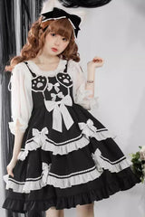 Black/White Bear Paw Print Ruffle Bowknot Sweet Princess Lolita Jsk Dress - Black - 1