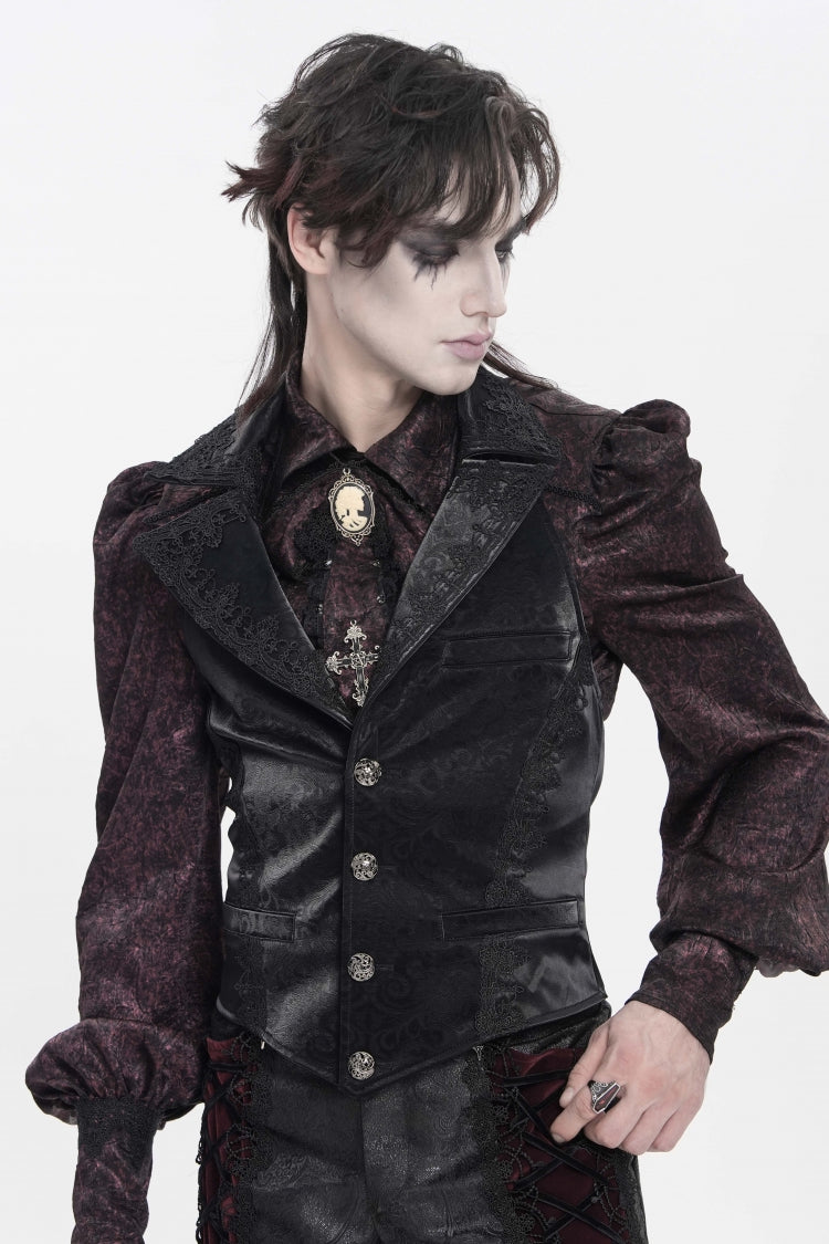 Black Lapel Collar Jacquard Lace Slim Men's Gothic Vest - Product - 8
