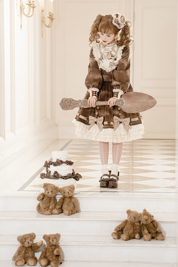 Brown [Chocolate Cat] Print Long Sleeves Ruffle Bowknot Sweet Lolita Dress - Product - 12