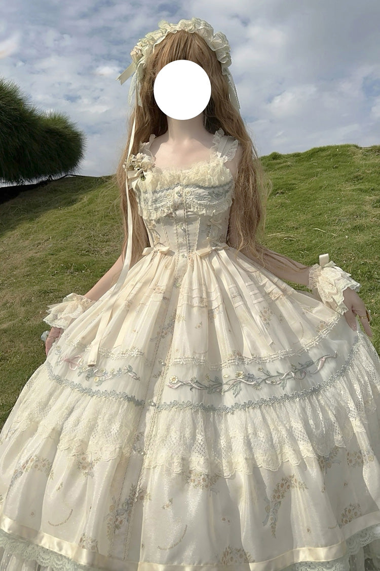 Multi-Color [Daisy Poetry] Print Ruffle Hollow Embroidery Lace Sweet Elegant Princess Lolita Jsk Dress - Product - 9