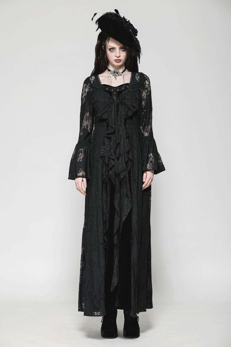 Black Long Flared Sleeves Lace Trimmed Lace-Up Women's Gothic Elegant Robe - Black - 1