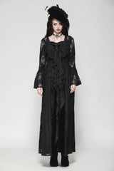 Black Long Flared Sleeves Lace Trimmed Lace-Up Women's Gothic Elegant Robe - Black - 1