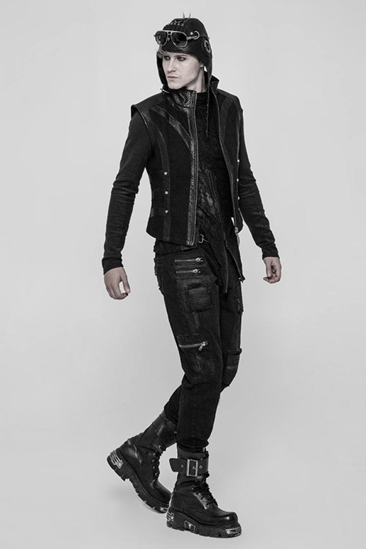 Black Hand-Painted Crafts Stitching Ripped Men's Steampunk Jeans Pants - Product - 4