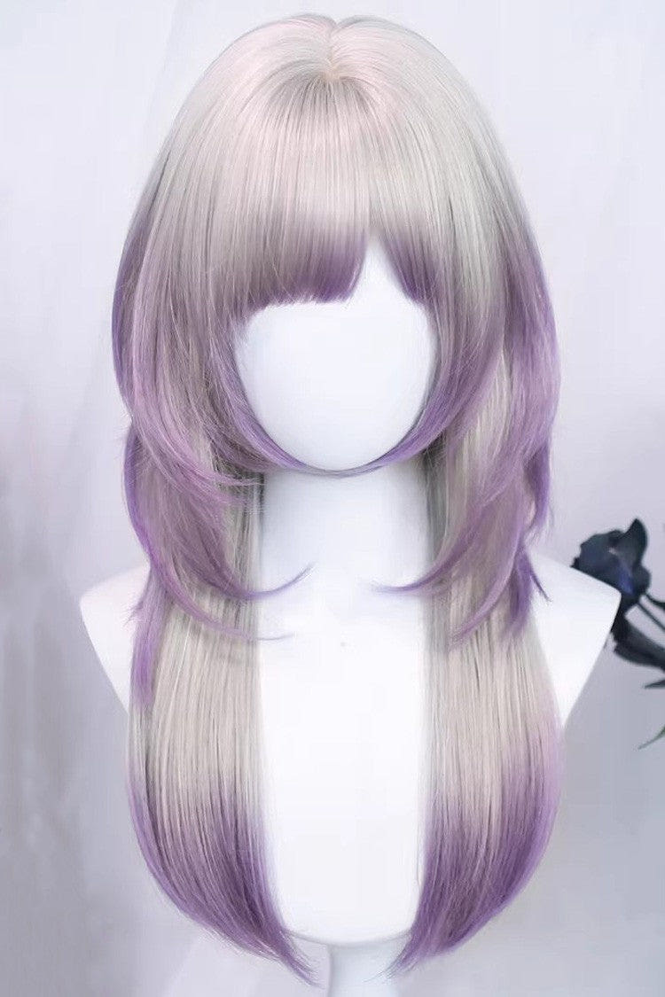 Misty Silver Purple Ombre Straight Wig with Air Bangs Sweet Lolita - Silver/Purple - 1