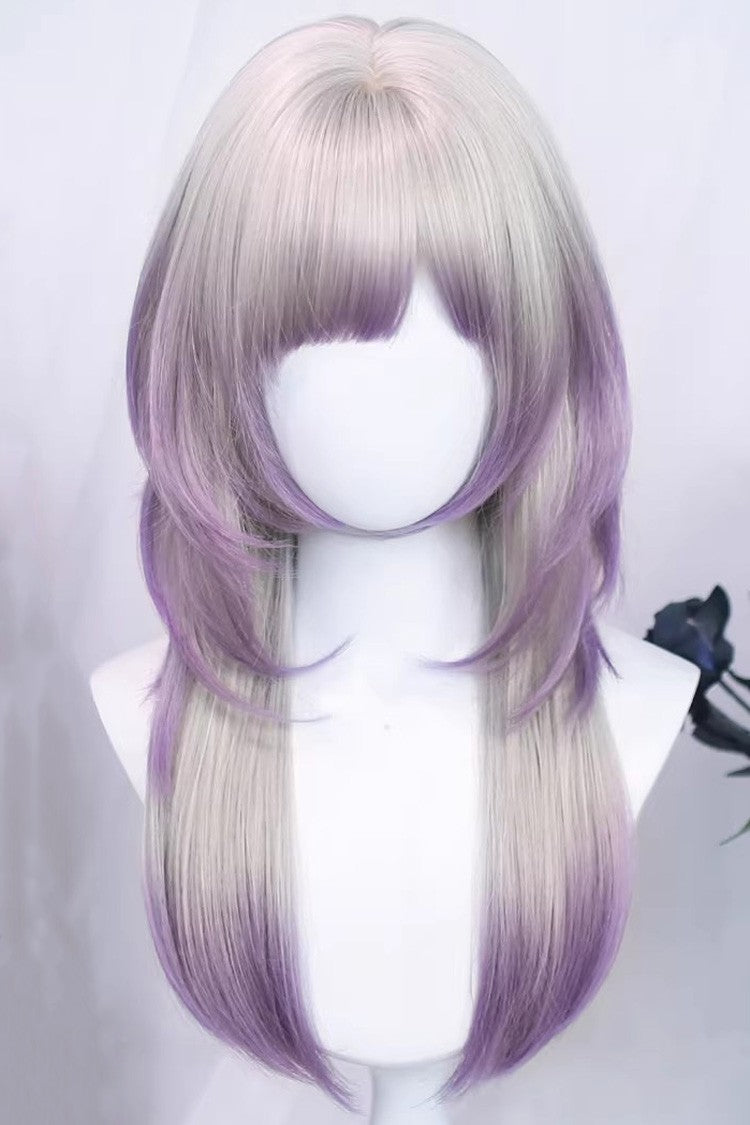 Misty Silver Purple Ombre Straight Wig with Air Bangs Sweet Lolita - Silver/Purple - 1