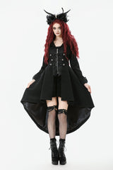 Black Lapel Collar Long Sleeves Lace-Up Irregular Bouble-breasted Buckle-up Women's Gothic Coat - Black - 1