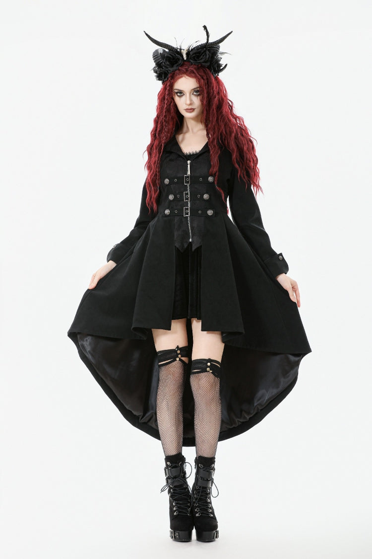 Black Lapel Collar Long Sleeves Lace-Up Irregular Bouble-breasted Buckle-up Women's Gothic Coat - Black - 1