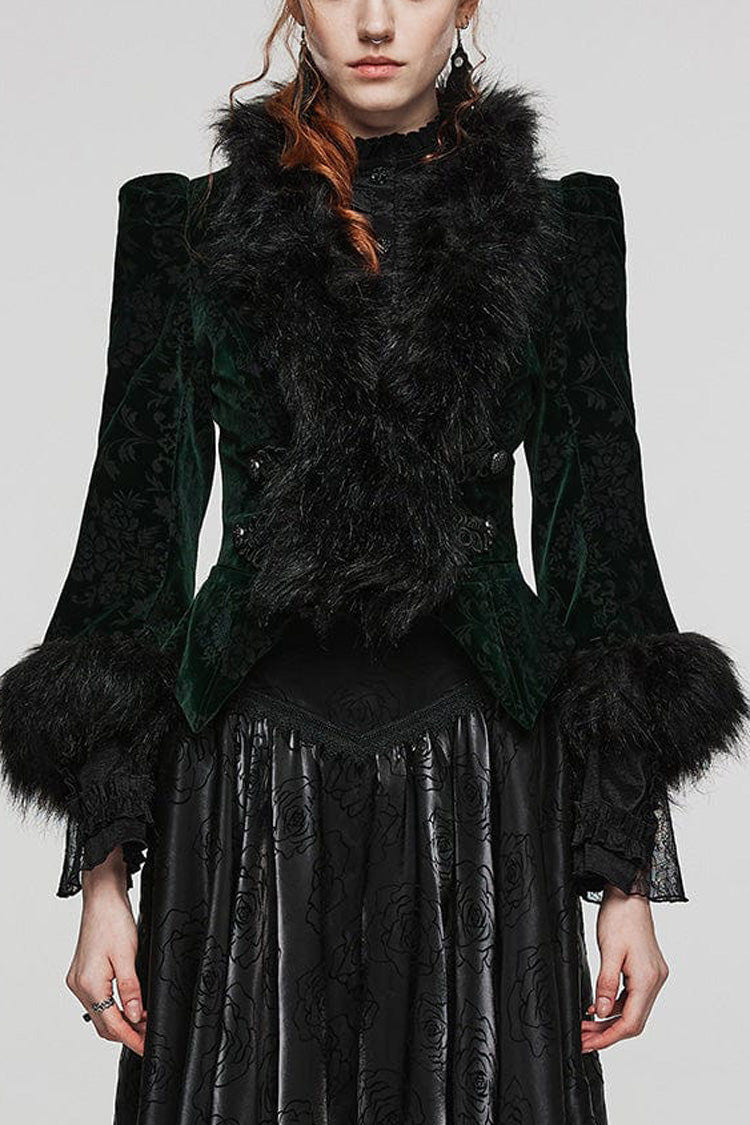 Women's V Collar Long Sleeves Faux Fur Stitching Gothic Coat 4 Colors - Black-Green - 5