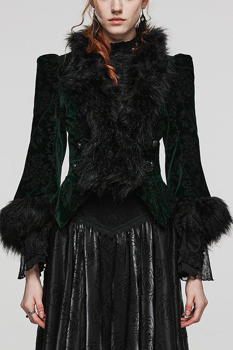 Women's V Collar Long Sleeves Faux Fur Stitching Gothic Coat 4 Colors - Black-Green - 5