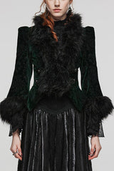Women's V Collar Long Sleeves Faux Fur Stitching Gothic Coat 4 Colors - Black-Green - 5