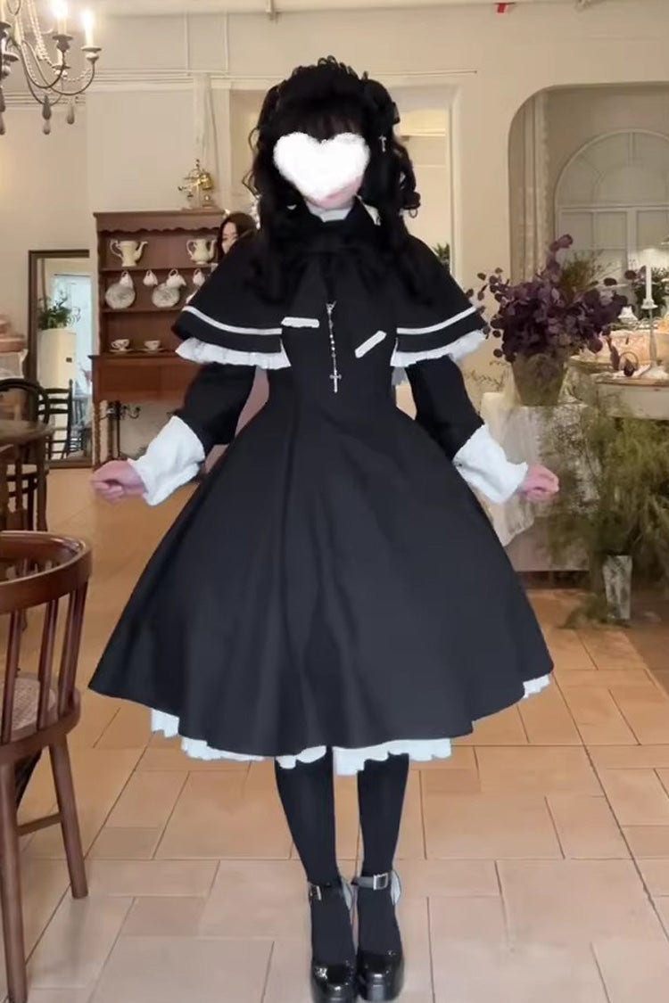 Black Long Sleeves Ruffled Bow Maid Gothic Lolita Dress Cloak Two-piece Set - Product - 5