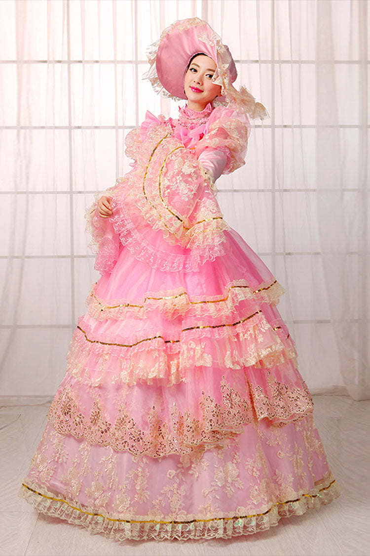 Pink Trumpet Sleeves High Waisted Hollow Embroidery Print Multi-Layer Victorian Lolita Prom Dress - Product - 4