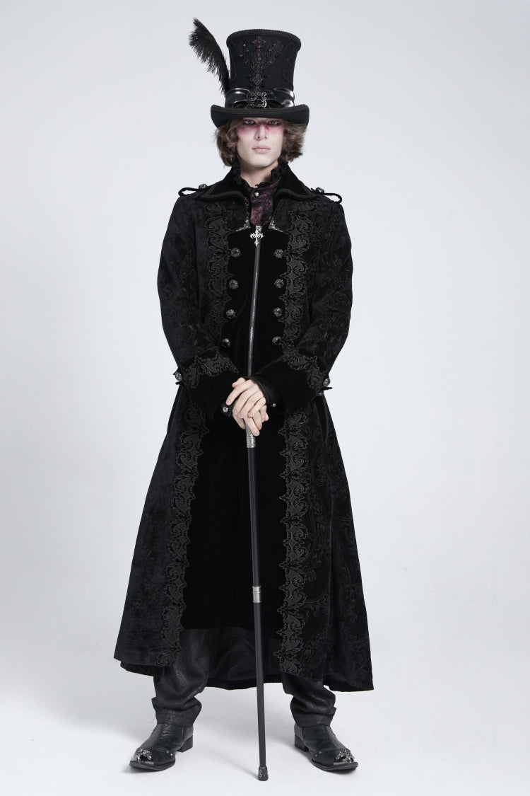 Black Lapel Collar Embroidery Zipper Men's Gothic Handsome Coat - Product - 9