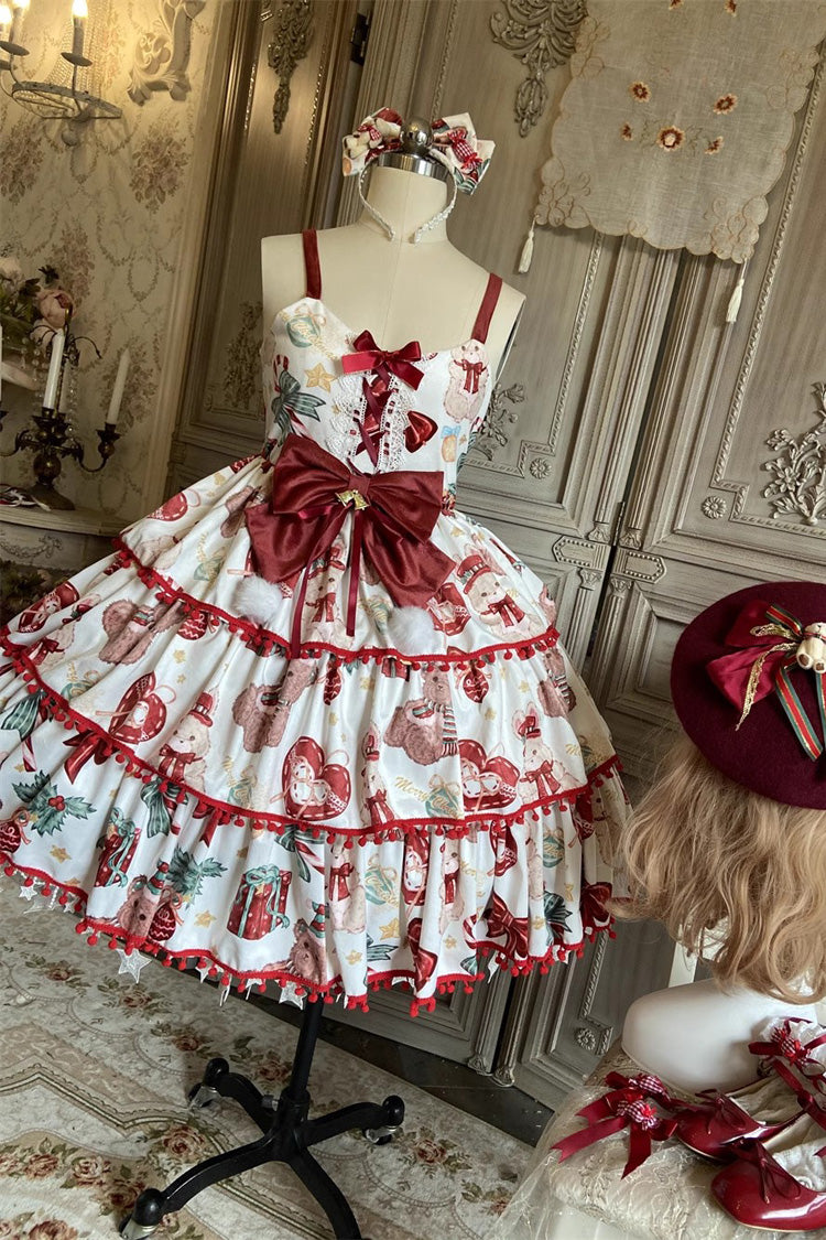 Red/White [Christmas Bear] Print Triple-Layered Ruffle Bowknot Sweet Princess Lolita Jsk Dress - Product - 3