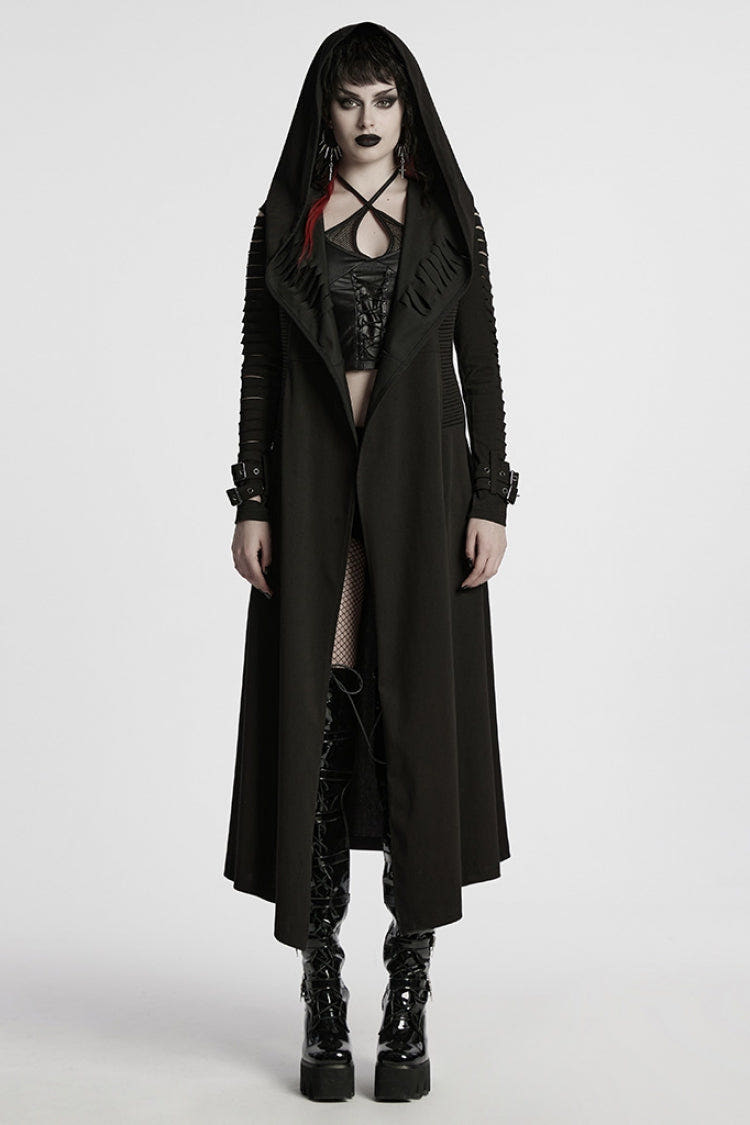 Black Long Sleeves Hooded Ripped Buckle Women's Punk Long Coat - Black - 1