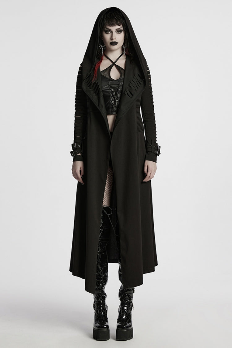 Black Long Sleeves Hooded Ripped Buckle Women's Punk Long Coat - Black - 1