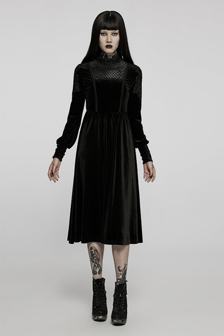 Black Long Sleeves Invisible Zipper High Waisted Hollow Stitching Women's Gothic Dress - Product - 4