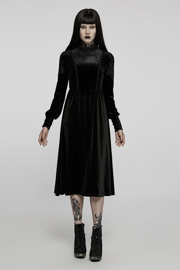 Black Long Sleeves Invisible Zipper High Waisted Hollow Stitching Women's Gothic Dress - Product - 4
