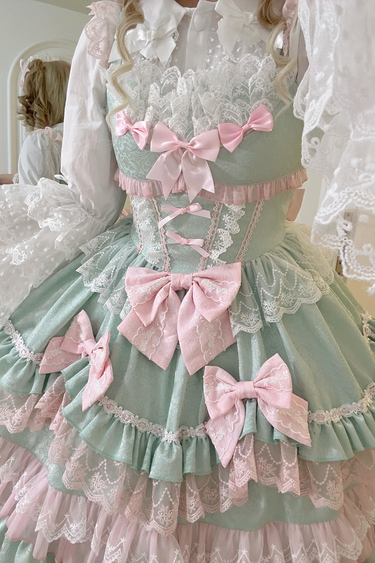 Grüne, mehrlagige Rüschen, Schleife, Nähte, Spitze, süß (Kleid einzeln), Detailansicht 5