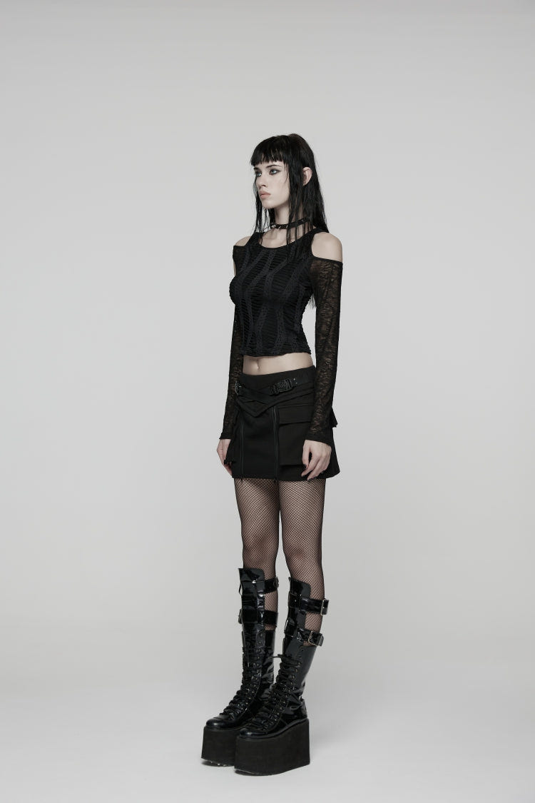 Black Lace-Up Zippered Women's Punk Cool  Big Pockets Techwear Skirt - Product - 2