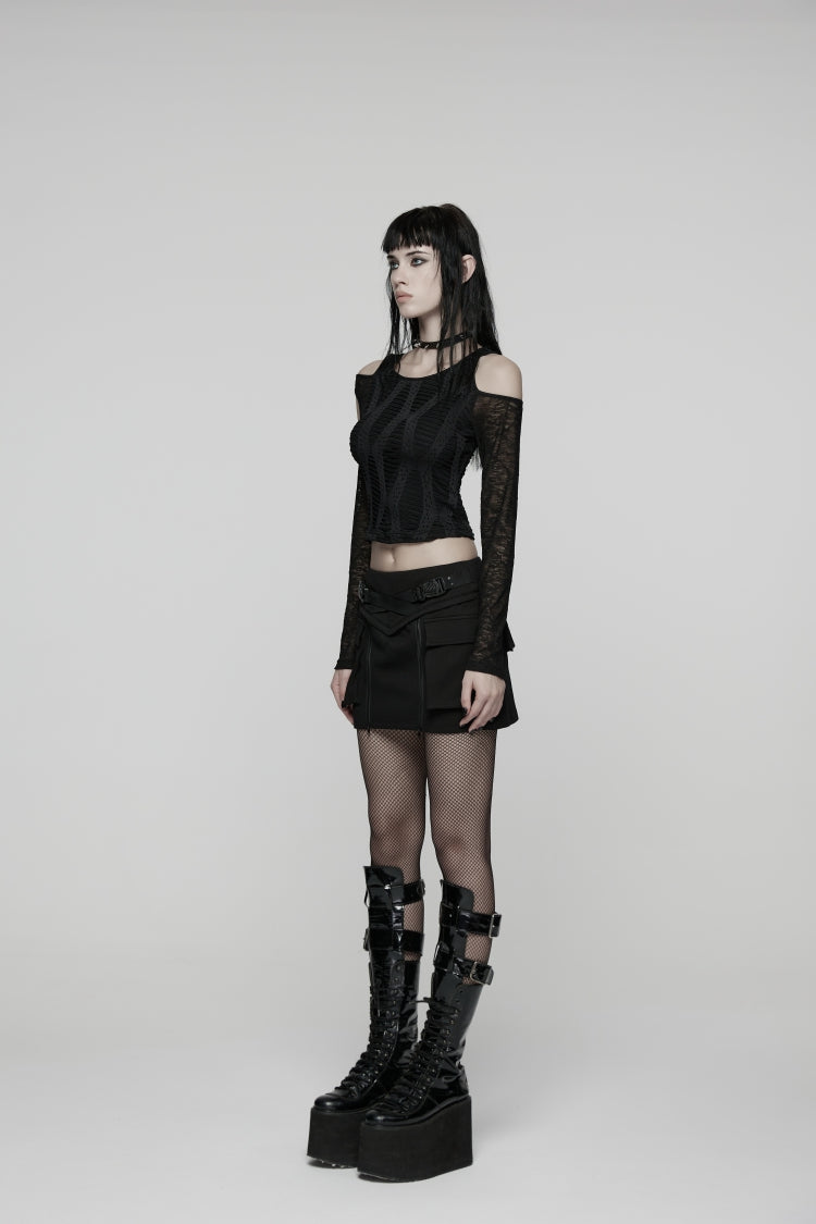 Black Lace-Up Zippered Women's Punk Cool  Big Pockets Techwear Skirt - Product - 2