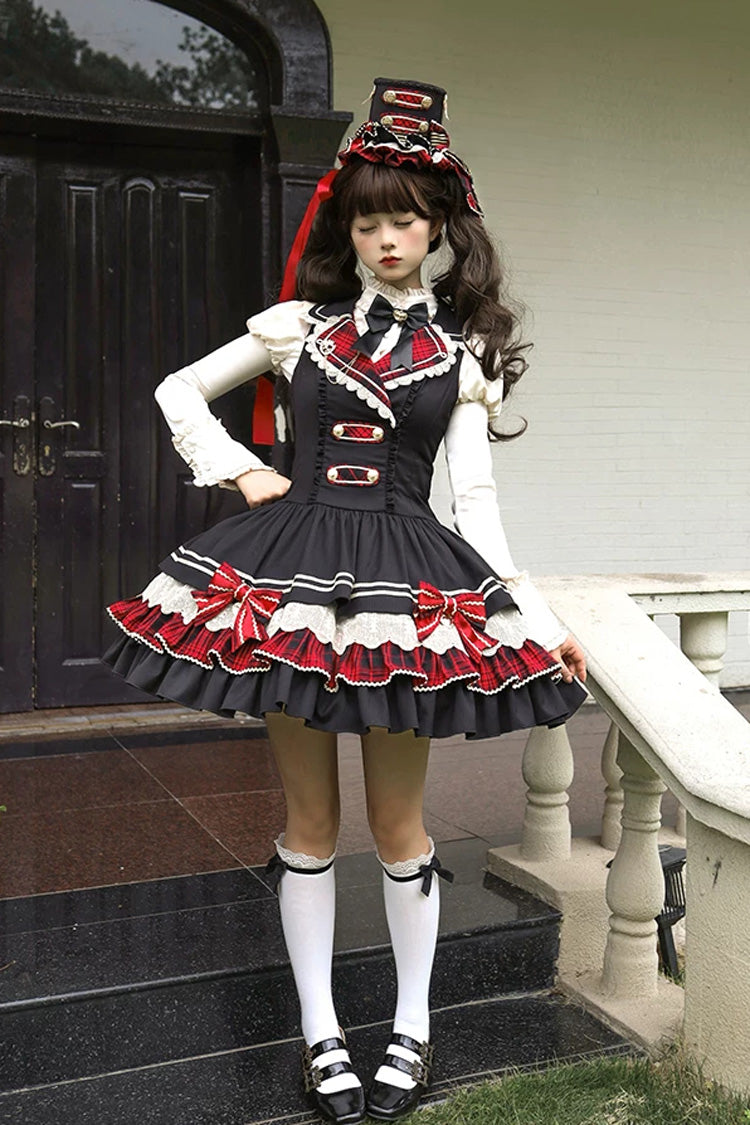 Black [Honor Guard Gala] V Collar Multi-Layered Printed Ruffled Bow Classic Gothic College Style Lolita Jsk Dress - Product - 10